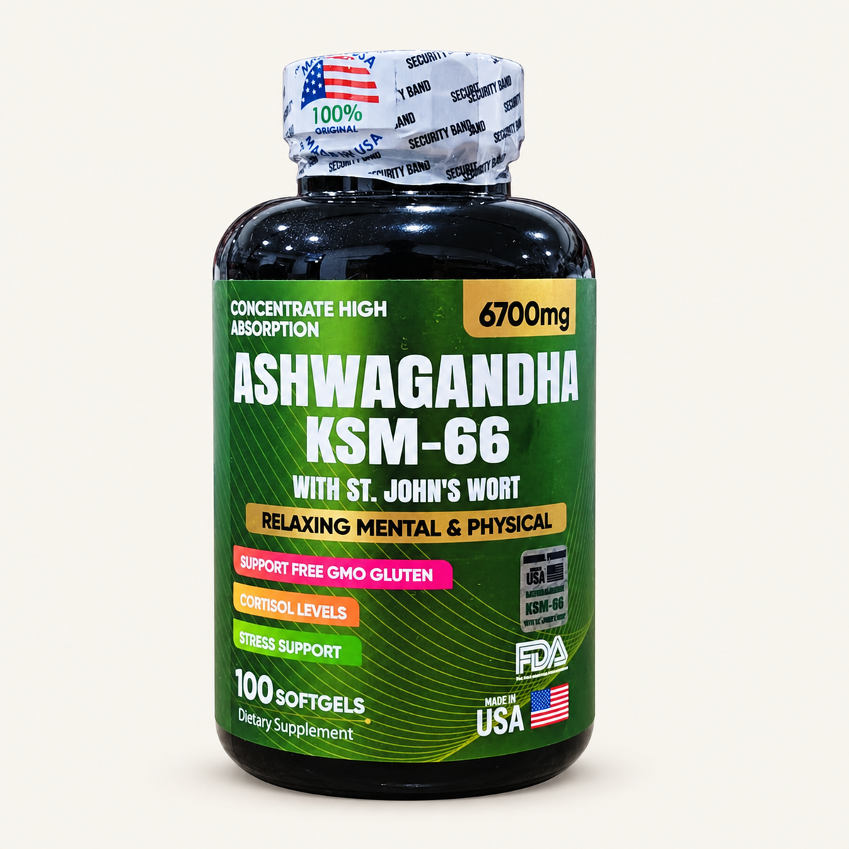 Presentación de Ashwagandha KSM-66 con hierba de San Juan de 100 softgels, sobre fondo crema