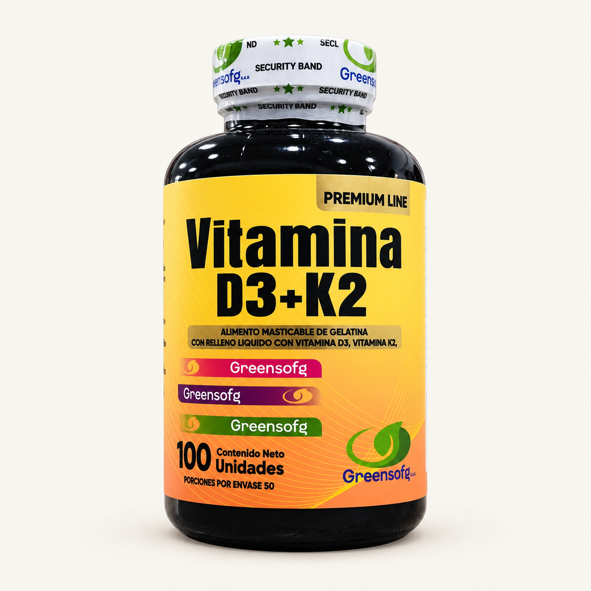 Presentación de Vitamina D3 + K2 Greensofg de 100 unidades, sobre fondo crema