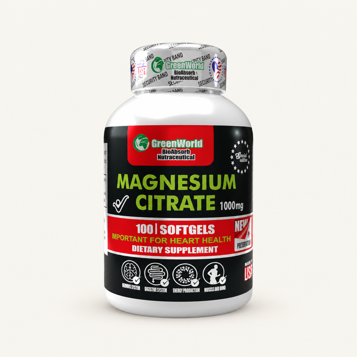 Presentación de Citrato de magnesio GreenWorld de 100 softgels, sobre fondo crema