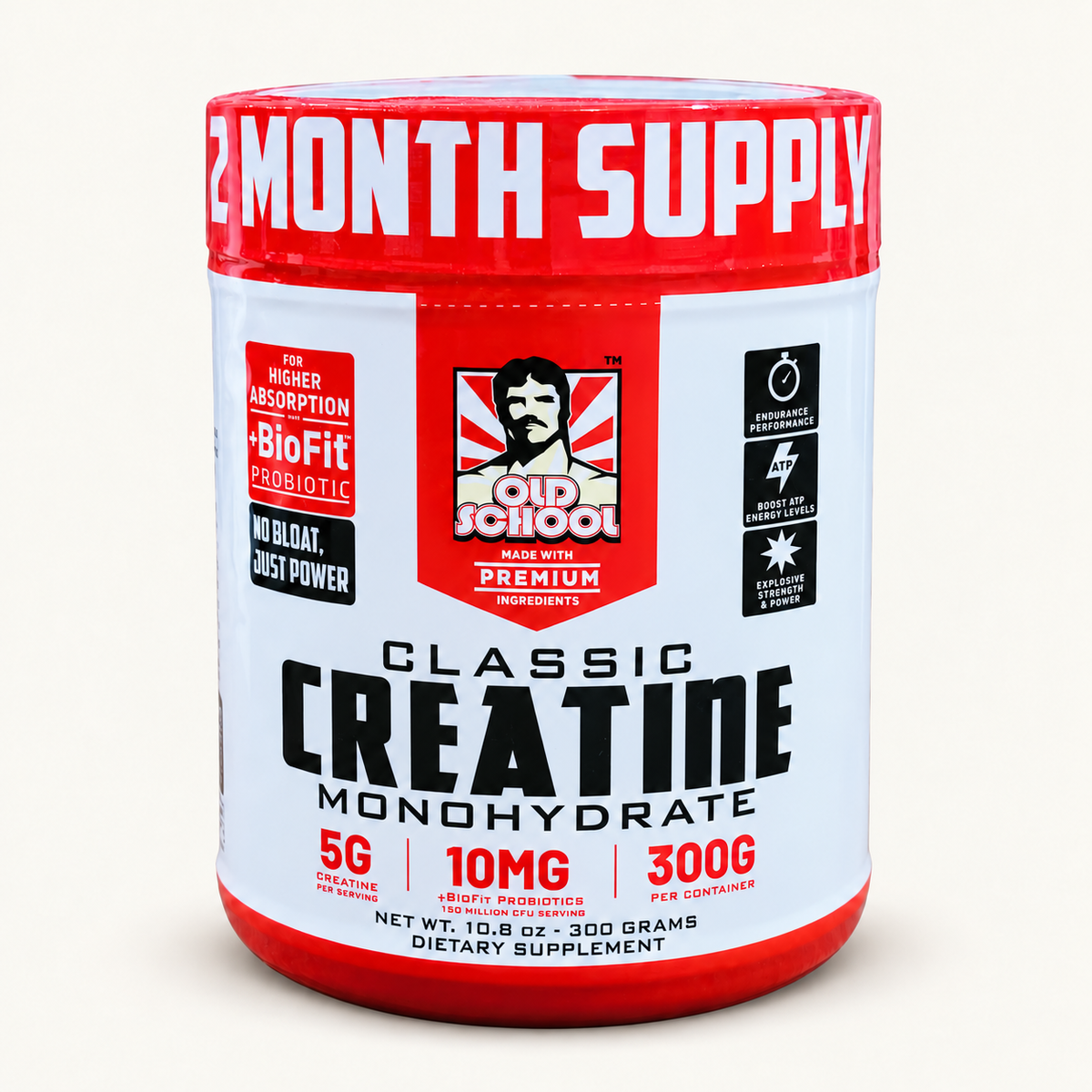 Presentación de Creatina Old School For Men de 300 g, sobre fondo crema