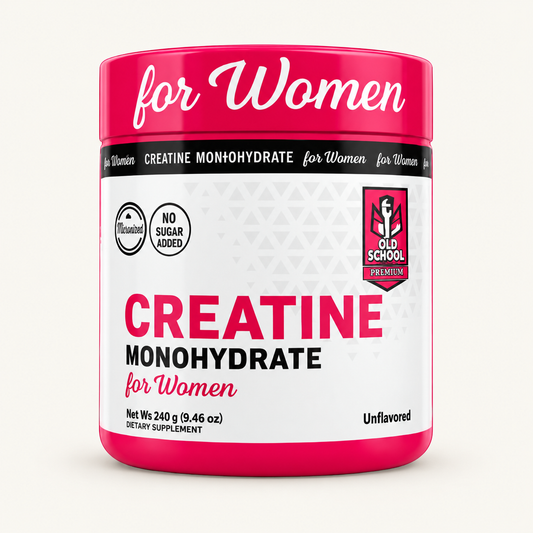 Presentación de Creatina Old School For Women de 240 g, sobre fondo crema