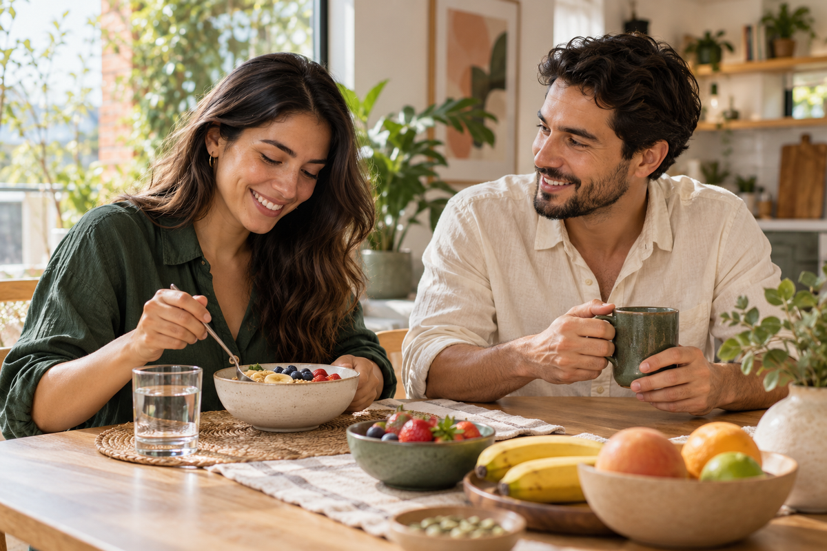 Dos adultos compartiendo un desayuno en un ambiente cálido con colores verde, crema y durazno.