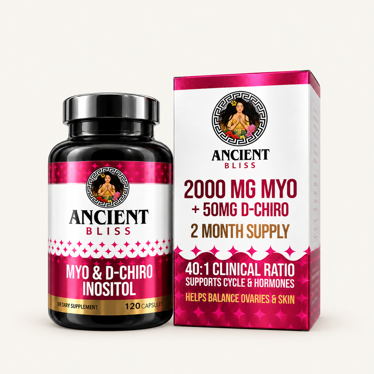 Presentación de Myo & D-Chiro Inositol Ancient Bliss de 120 cápsulas, sobre fondo crema