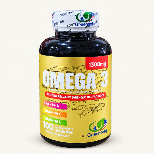 Presentación de Omega 3 Greensofg de 100 unidades, sobre fondo crema
